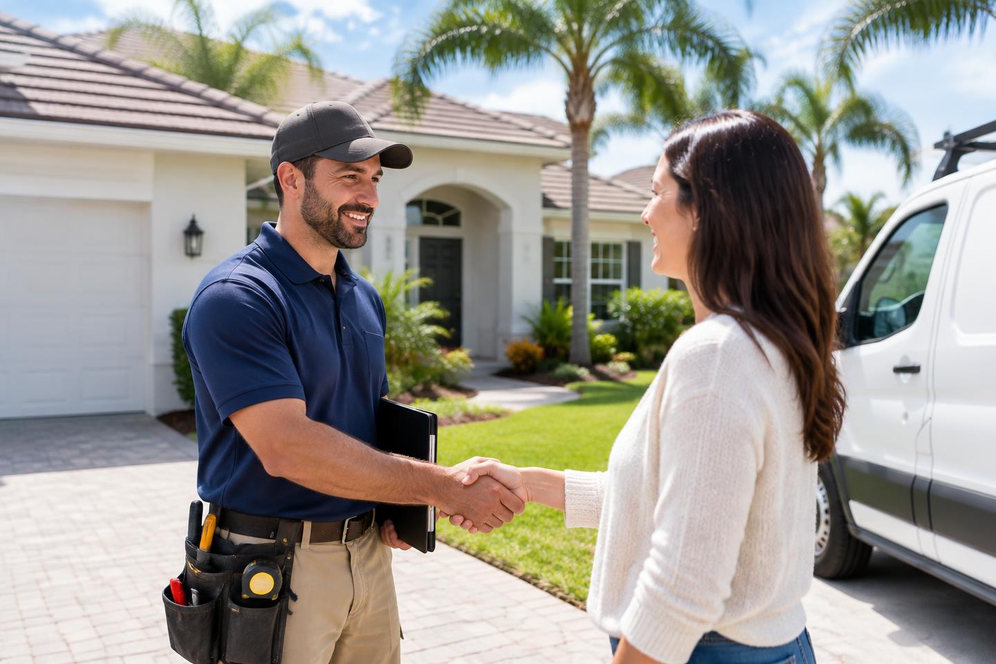 A local contractor greeting an Orlando homeowner outside a home